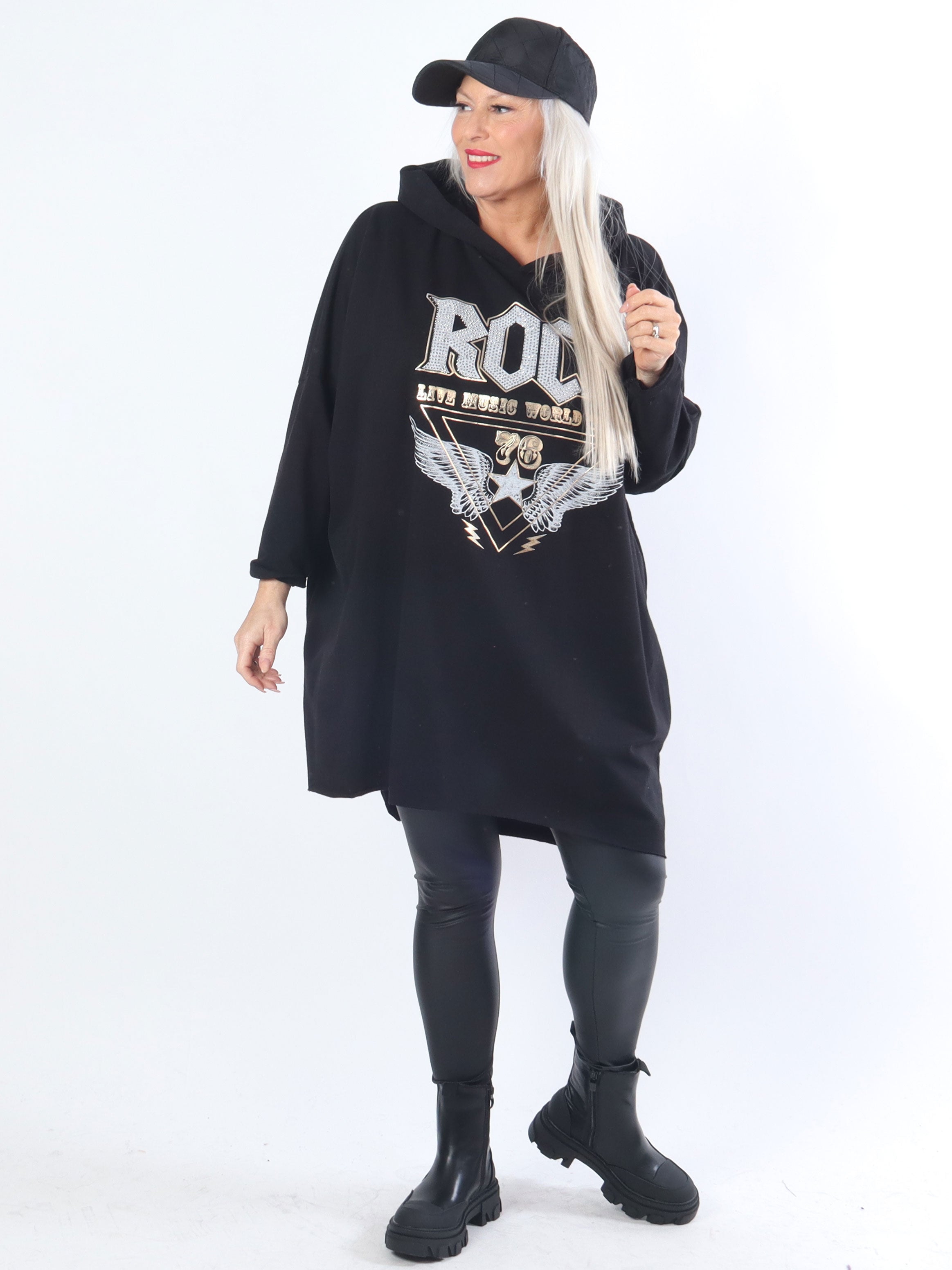 Rock - Cool plus size kjole med hætte og tekst